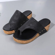 Model wearing black PU Leather Wedge Sandals
