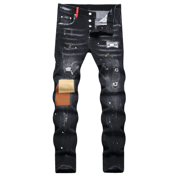 Front view of Ravexen Patchwork Distressed Straight Jeans in black, highlighting washed denim, paint splatter, and thigh patchwork design.