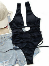 Black ribbed lace-up one-piece swimsuit front flat lay view