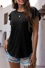 Black ruffled round neck cap sleeve blouse front view