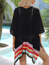 Back view of black slit openwork V-neck half sleeve cover-up showing relaxed fit and breezy openwork design