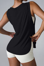Black slit round neck active tank back view showing fit.