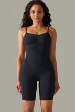  Black spaghetti strap active romper front view with curve-hugging fit and supportive thick straps.