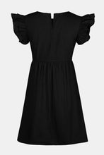 Back view of black Sylvenza Denim Dress featuring clean silhouette and cap sleeve detail.