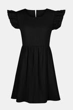 Front view of black Sylvenza Denim Dress showcasing ruffled neckline and cap sleeves.