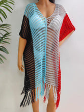 Black Velorisse color block fringe cover-up close up front view