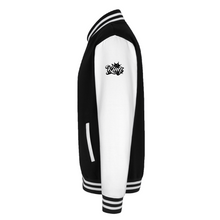 Black-White men’s divine dominion heavyweight varsity jacket left-side view showing sleeve crown logo and striped ribbed trim detail