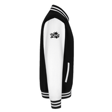 Black-White men’s divine dominion heavyweight varsity jacket right-side view showing sleeve crown logo and striped ribbed trim detail