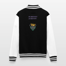 Black-White women’s queen lioness heavyweight varsity jacket back view showing lioness graphic and fearlessly authentic text