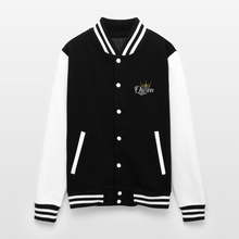 Black-White women’s queen lioness heavyweight varsity jacket back view showing lioness graphic and fearlessly authentic text