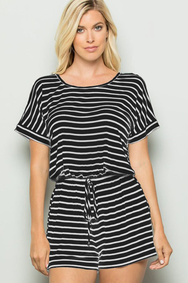 Model wearing Heimish blackivory striped short sleeve romper with round neckline, full-size fit.