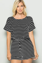 Model wearing Heimish blackivory striped short sleeve romper with round neckline, full-size fit.