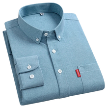 Folded front view of men’s blue Business MVP Elite long sleeve button-down shirt showcasing collar, placket, and sleeve cuff