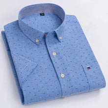 Folded front view of men’s blue Prestige Stripe Plaid Oxford short sleeve button-down shirt