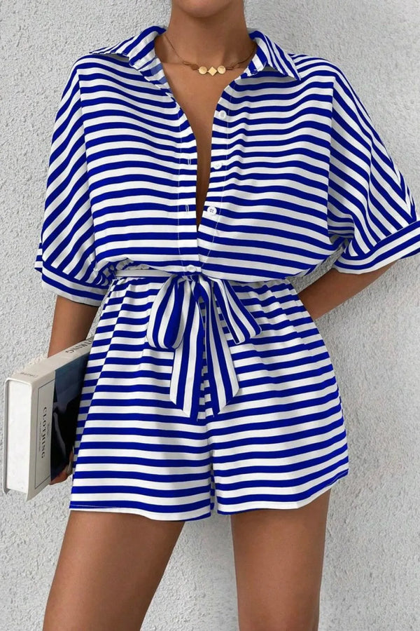 Front view of LineaVerra™ Striped Blue Romper with waist tie and collar.