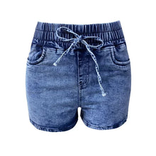 Blue Denivibe™ Aura Curve Denim Shorts ghost mannequin front close up with elastic waistband and pockets