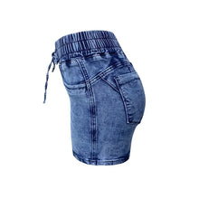 Blue Denivibe™ Aura Curve Denim Shorts ghost mannequin side close up showing slim fit silhouette