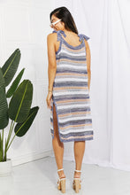 Blue-Peach Syloréna striped tie-shoulder cover-up dress back view close up styled with white heels 