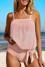 Blush pink  Marévia square neck tankini swim set front view, beachside pose