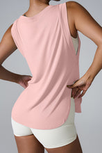 Blush pink slit round neck active tank back view highlighting shape.