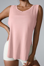 Blush pink slit round neck active tank front view on woman.
