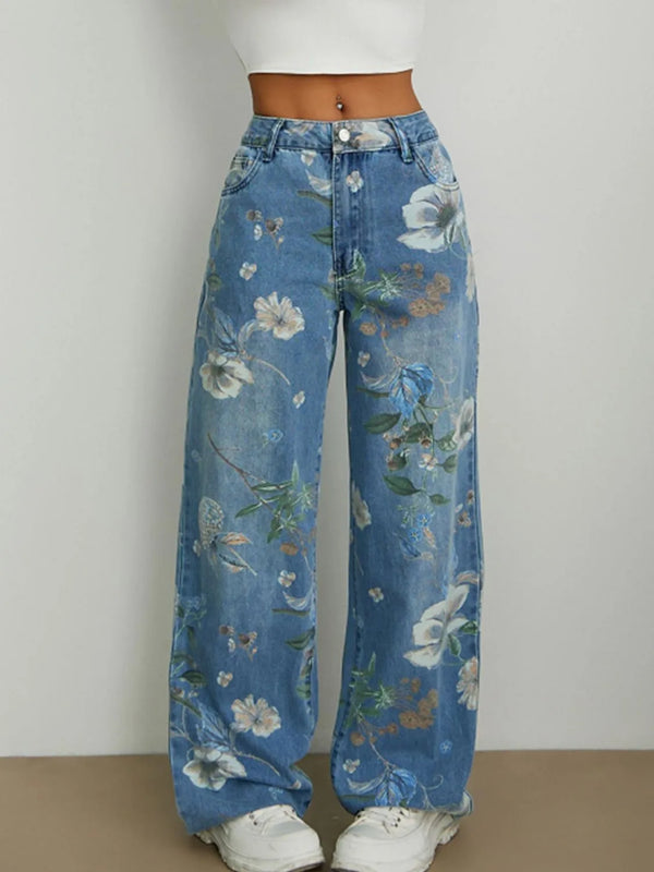 Front view of Botanisse™ Luxe Wide Leg Jeans with floral print in light blue denim.