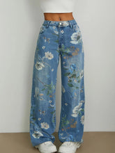 Front view of Botanisse™ Luxe Wide Leg Jeans with floral print in light blue denim.