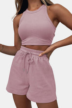 Model styled in blush pink Boundary Babe set with platform sandals for brunch and daytime outings.