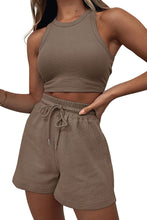 Model  zoomed in front view showcasing the chocolate Boundary Babe Round Neck Top and Drawstring Shorts Set.