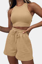 Model wearing the Boundary Babe Khaki Round Neck Top and Drawstring Shorts Set styled for a picnic at the park.