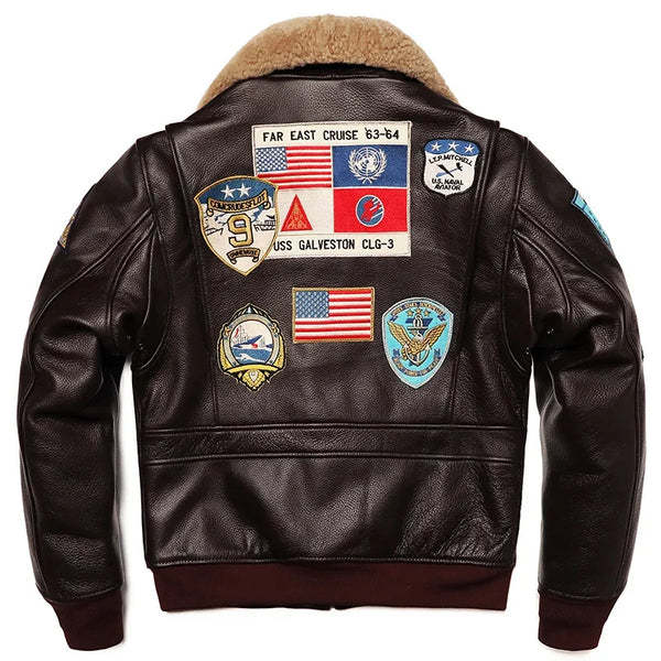 Brown AeroVante Heritage G1 Flight Genuine Leather Cowhide Jacket back view with aviation-inspired design.