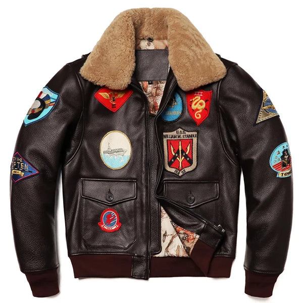 Brown AeroVante Heritage G1 Flight Genuine Leather Cowhide Jacket with light brown removable collar and military badges, front view.