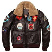 Brown AeroVante Heritage G1 Flight Genuine Leather Cowhide Jacket with light brown removable collar and military badges, zipped front view.