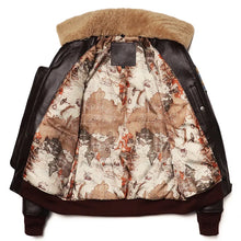 Brown AeroVante Heritage G1 Flight Genuine Leather Cowhide Jacket opened to show quilted vintage map-print lining.
