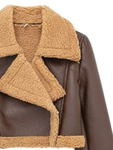 Close-up of faux sherpa collar and zipper on the brown Nuvira Frostloom cropped jacket.
