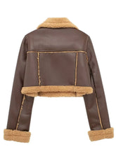 Back view of the soft brown sherpa-trimmed cropped jacket, highlighting the mock shearling trim detail. 