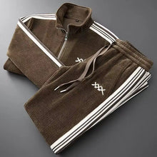 brown auralyss elite stripe zip jacket and pants set front folded view
