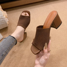 Models wearing brown Block Heel Knit Sandals