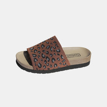 Model wearing brown Leopard Open Toe Sandals top lay close up