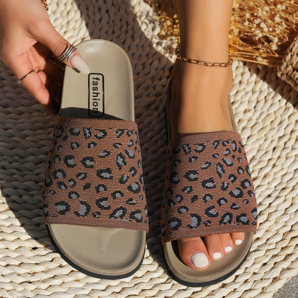 Model wearing  brown Leopard Open Toe Sandals