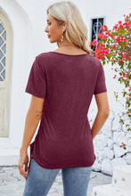 Back view of burgundy ruched square neck T-shirt with short sleeves and a clean, form-skimming silhouette.