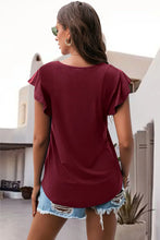 Burgundy ruffled round neck cap sleeve blouse back view