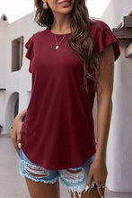 Burgundy ruffled round neck cap sleeve blouse front view