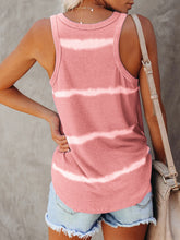 Back view of burnt coral tie-dye round neck sleeveless tank, showing soft tonal dye pattern and relaxed fit.