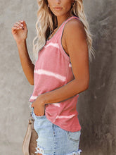 Side view of burnt coral tie-dye round neck tank, showing relaxed sleeveless cut and soft, tonal tie-dye pattern.