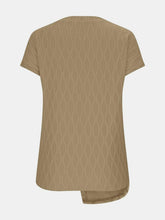 A close up back photo of the Camel Ruched Wavy Pattern Round Neck Short Sleeve T-Shirt.