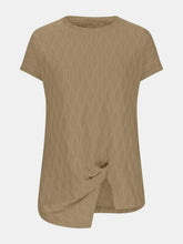 A close up front photo of the Camel Full Size Ruched Wavy Textured Round Neck Short Sleeve T-Shirt.