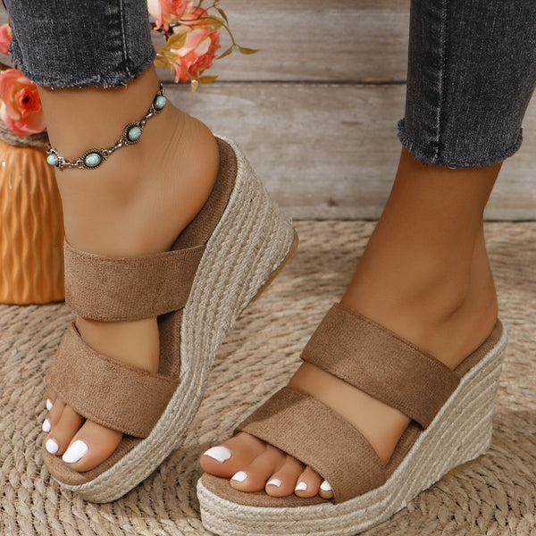Model wearing Open Toe Platform Wedge Sandals in camel