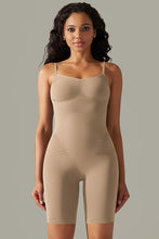 Camel spaghetti strap active romper front view with curve-hugging fit and supportive thick straps.