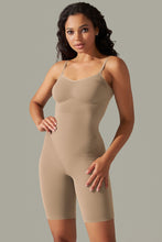 Side profile of camel active romper with high-stretch fabric and sculpting fit.